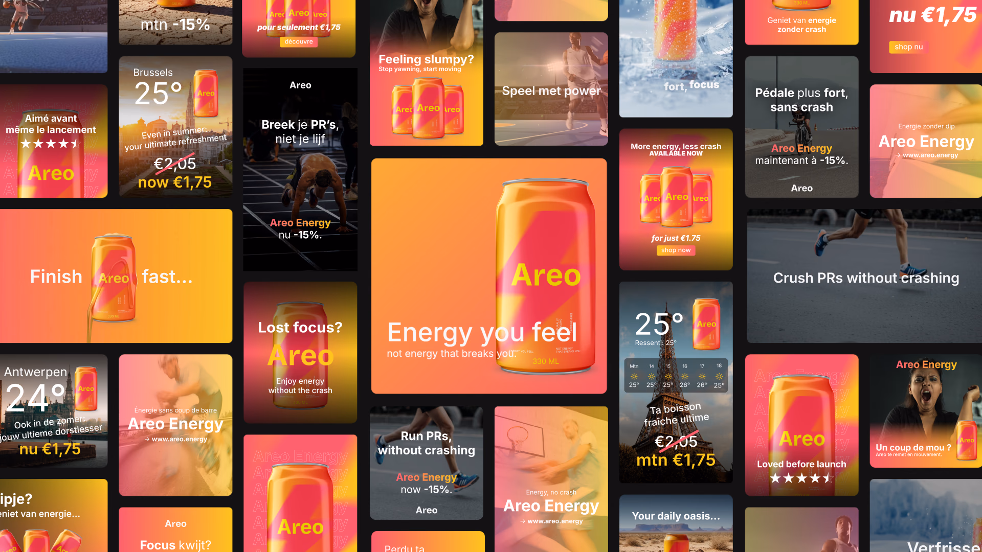 Collage van social- en campagnevisuals voor Areo Energy in oranje en roze, in verschillende formaten en talen